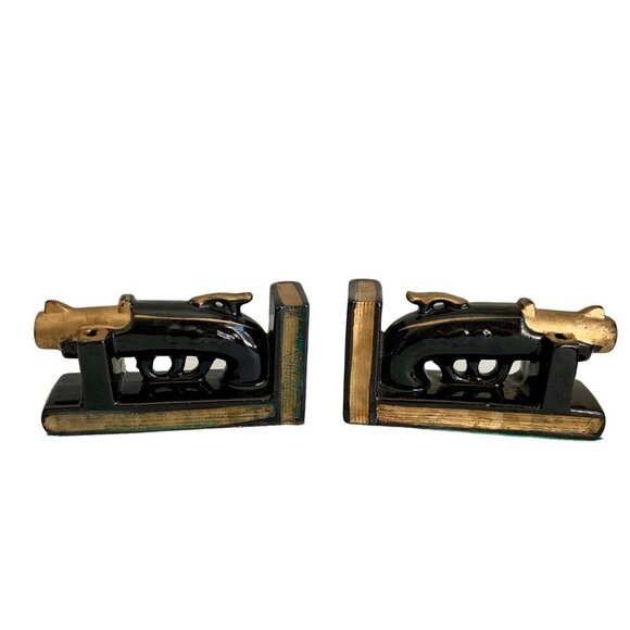 Pair Black Gold Pistol Bookends Japan Ceramic - Picture 1 of 7